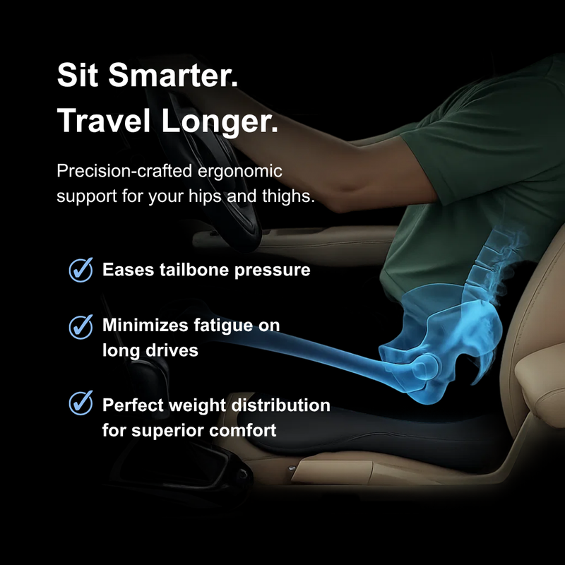 Posture-Correcting Seat Cushion: Features an advanced U-cut coccyx design that relieves tailbone pressure and improves pelvic alignment for fatigue-free driving.