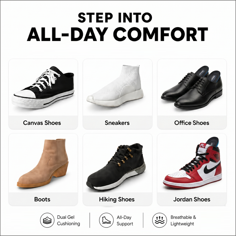 Relaxer Ultimate Foot Comfort Combo | Max Performance Sports & Daily Support Gel InsolesUpgrade your footwear with the ultimate dual-action comfort system. This premium combo pack includes one pair of Max Performance Sports Insoles and one pair of Daily Support Gel Insoles, engineered to eliminate foot fatigue and maximize stability.