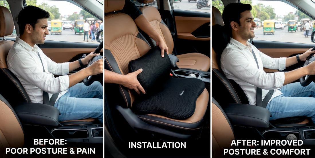 Car back rest cushion fix driving posture — Relaxer before after