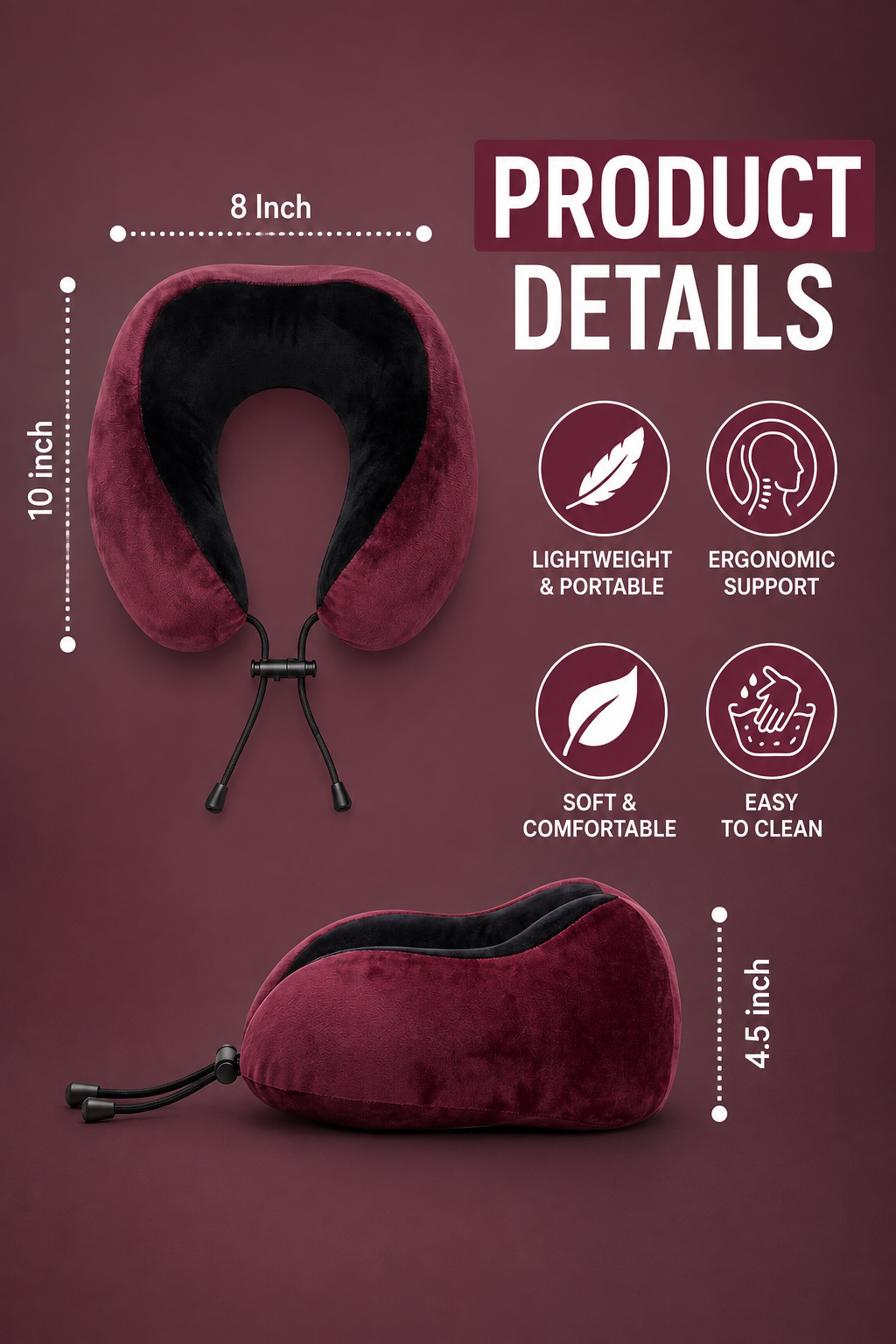 Memory Foam Travel Neck Pillow with Adjustable Drawstring Relaxer