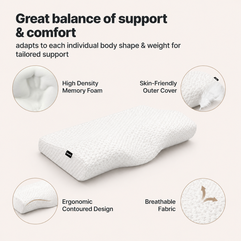 Memory Foam Construction: Adapts to your unique head and neck shape for personalized comfort.