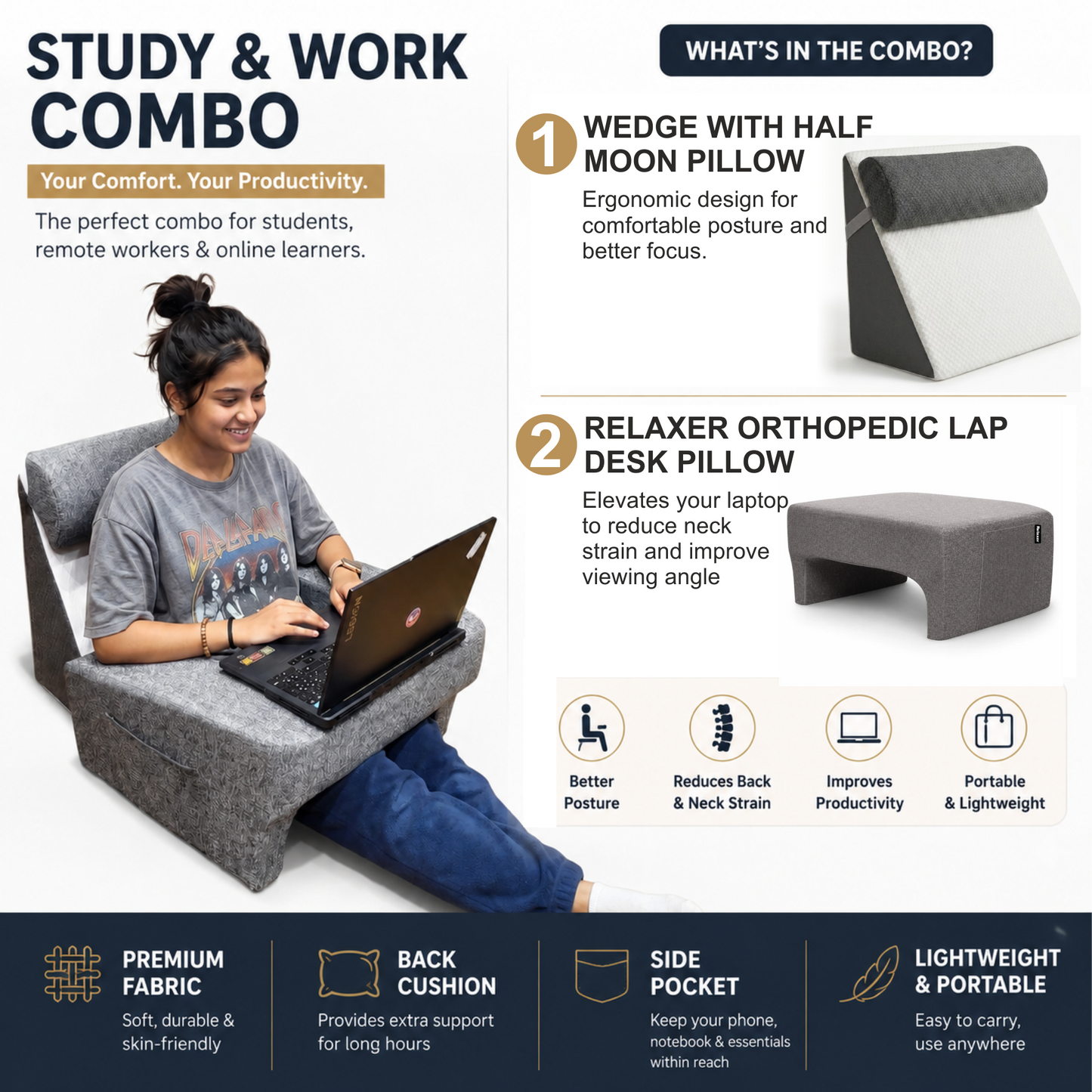 Relaxer Bed Wedge Pillow & Orthopedic Lap Desk Set